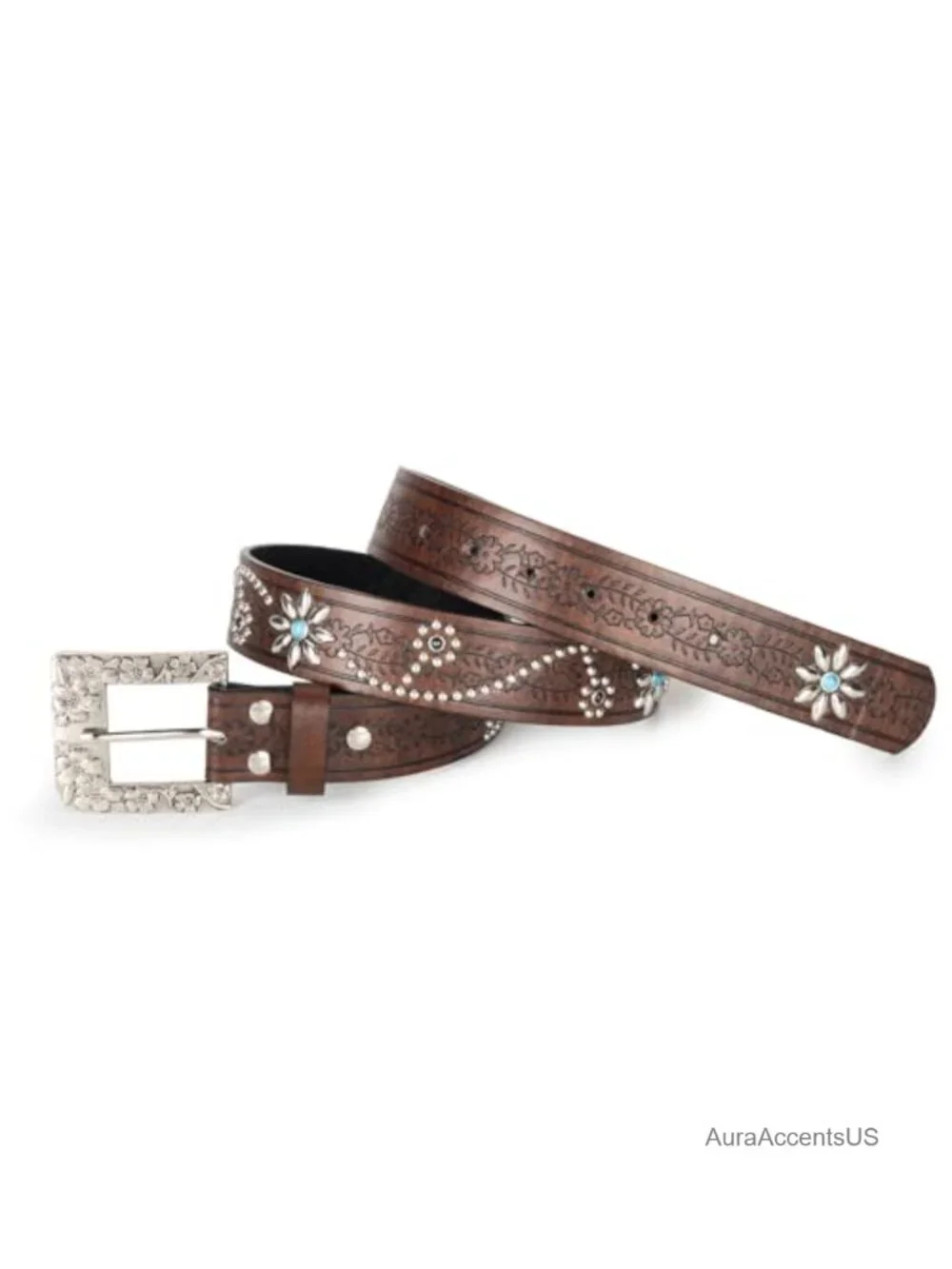 Women Western Belt Embossed Floral PU Leather Rhinestone Buckle Cowgirl Belt